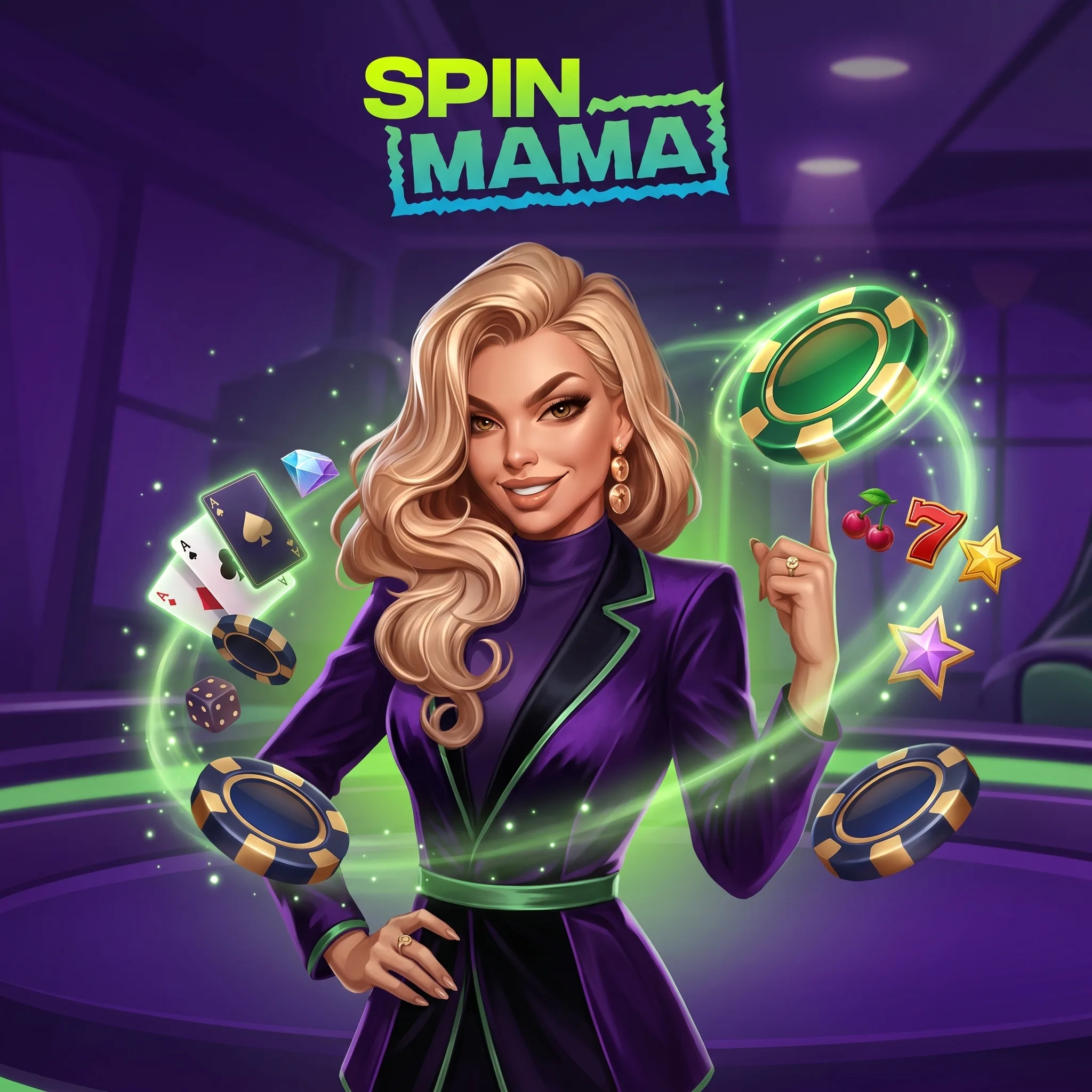 Illustration SpinMama autour des jeux de casino et des symboles de jackpot.
