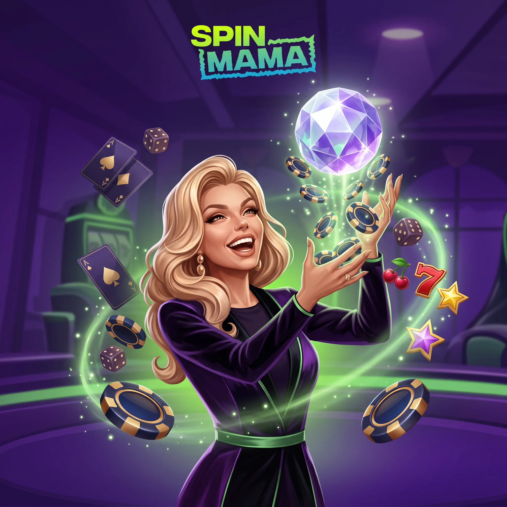 Illustration SpinMama autour des jeux et du lobby de casino.